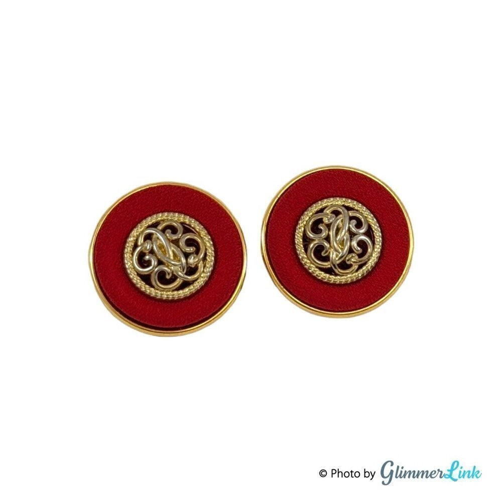 Vintage 1980s Red & Gold Tone Round Faux Monogram Button Clip On Earrings